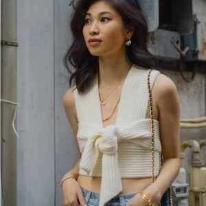 NWT Simonett Women's Nanu Top M/L Cotton Blend Knit Wrap Crop Top Tie Knit Cream